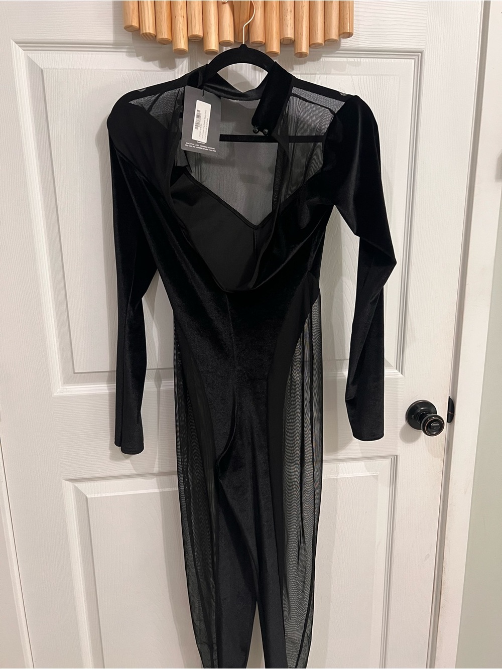 PrettyLittleThing Black Velvet & Sheer Long-Sleeve Jumpsuit